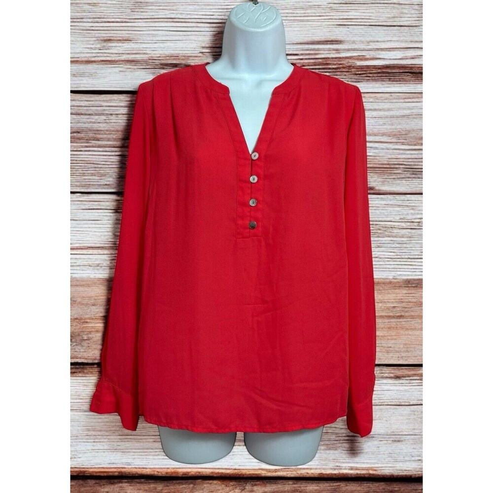 Pleione Chiffon Red Blouse Size XS Long Sleeves V-Neck Top Career Wear Loose Fit